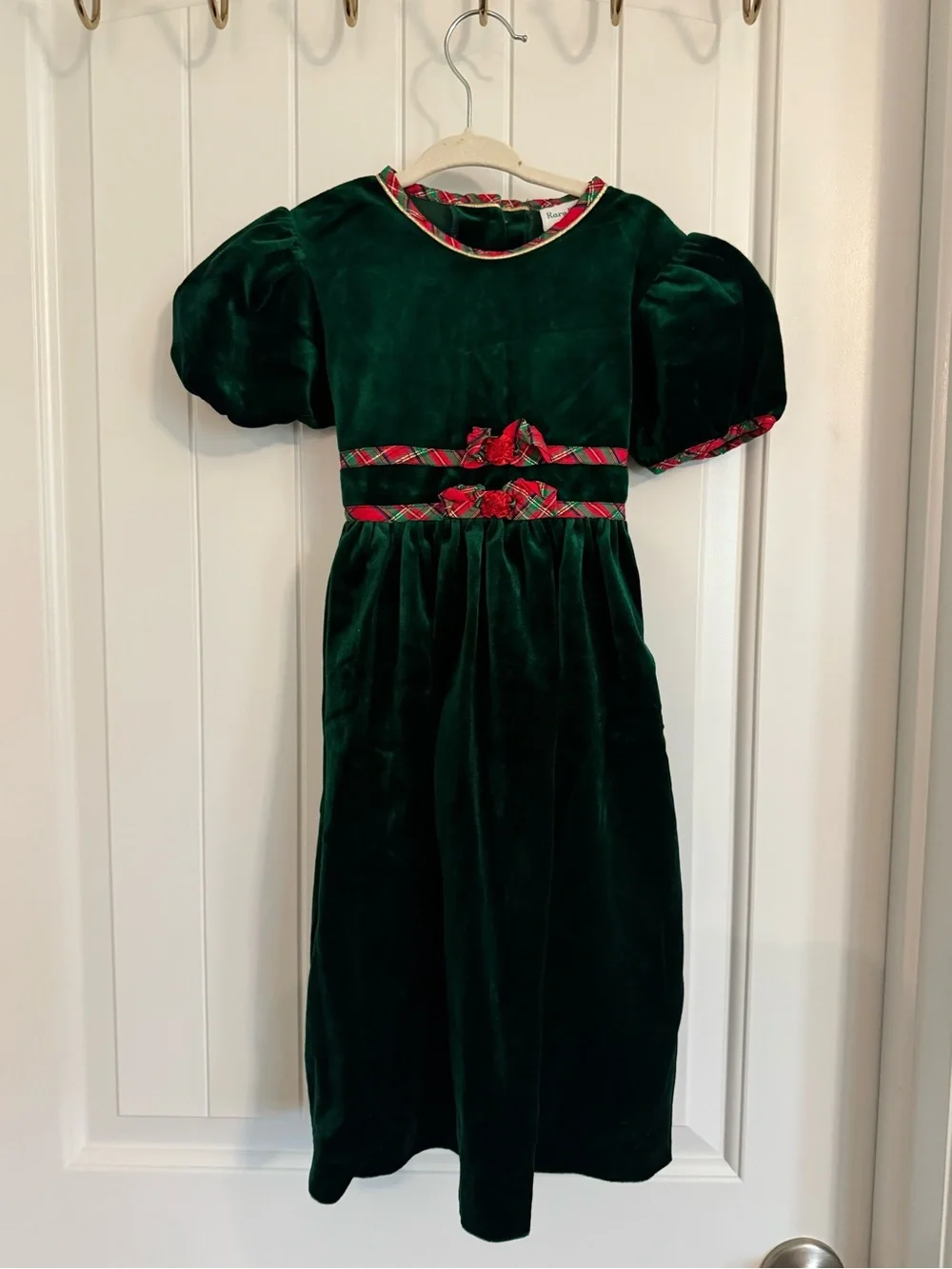 Rare Editions Dark Green Velvet Holiday Dress with Red Plaid Trim